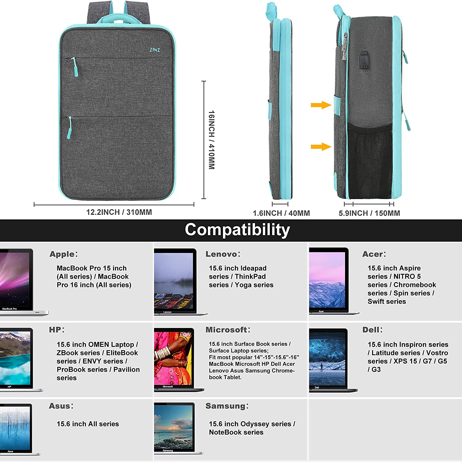 Slim & Expandable Laptop Backpack 15 15.6 16 Inch Sleeve with USB Port, Spill-Resistant Notebooks Bag Case for Most 14-16 Inch MacBooks Surface-Books Dell HP Lenovo Asus Computers, Dark Gray - Image 2